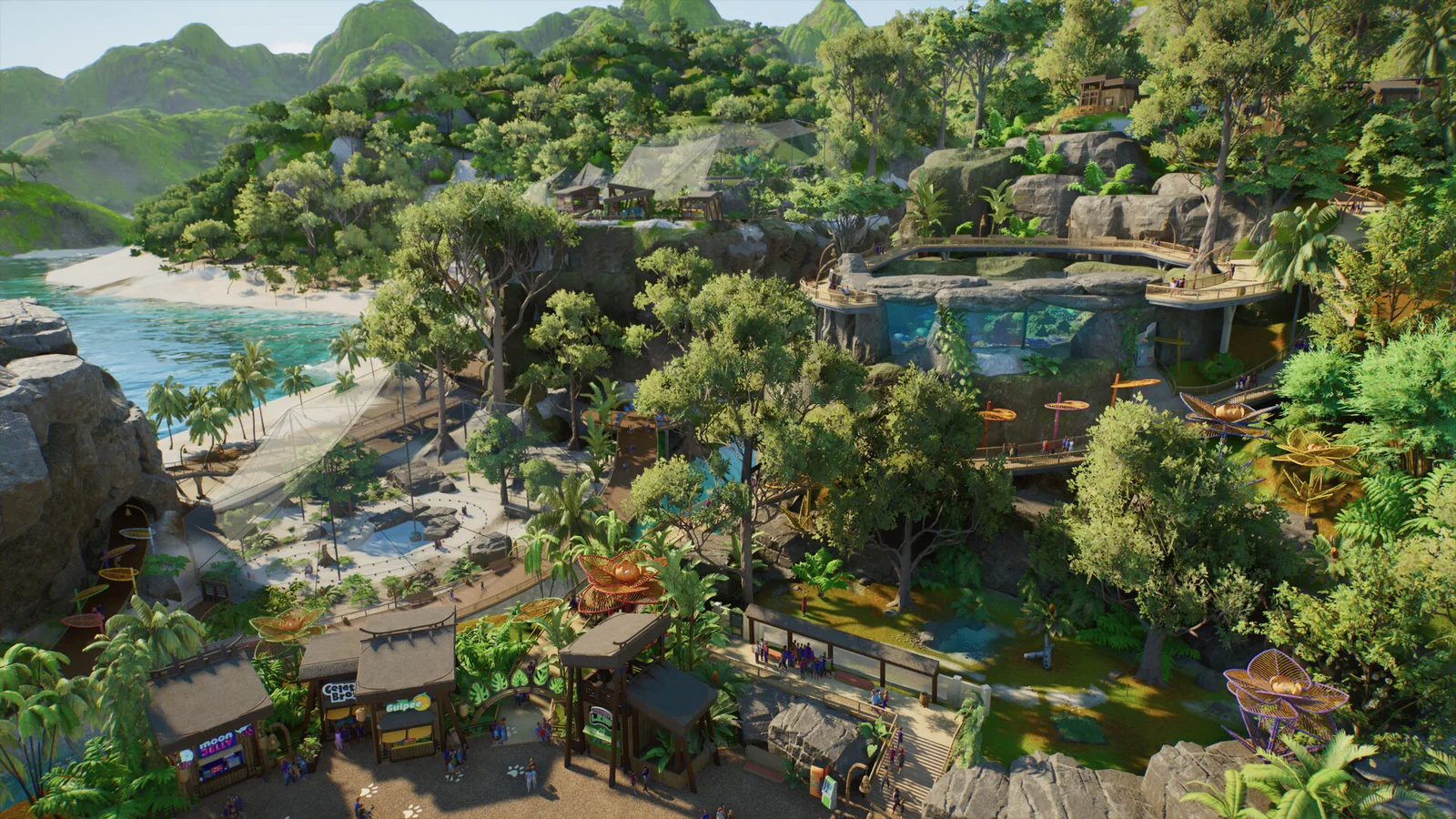 A landscaped Planet Zoo 2 zoo with visitor paths, facilities and habitats