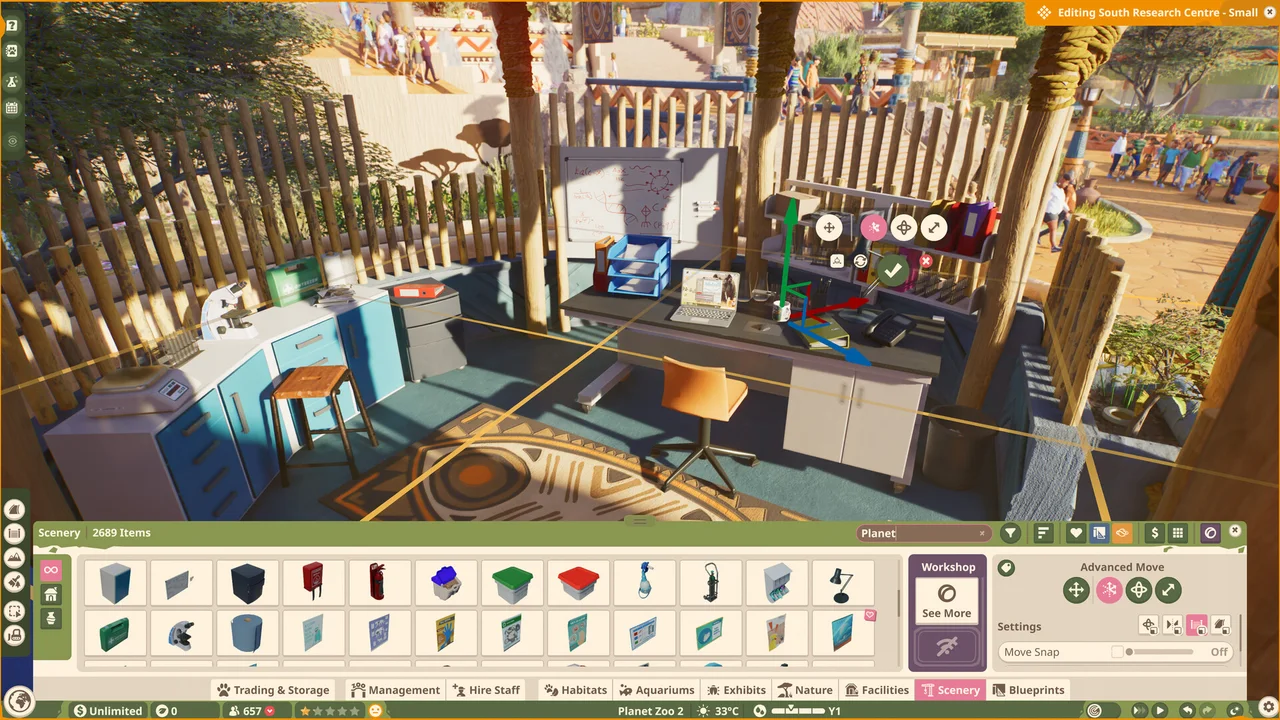 Planet Zoo 2 facility construction view with building and management interface
